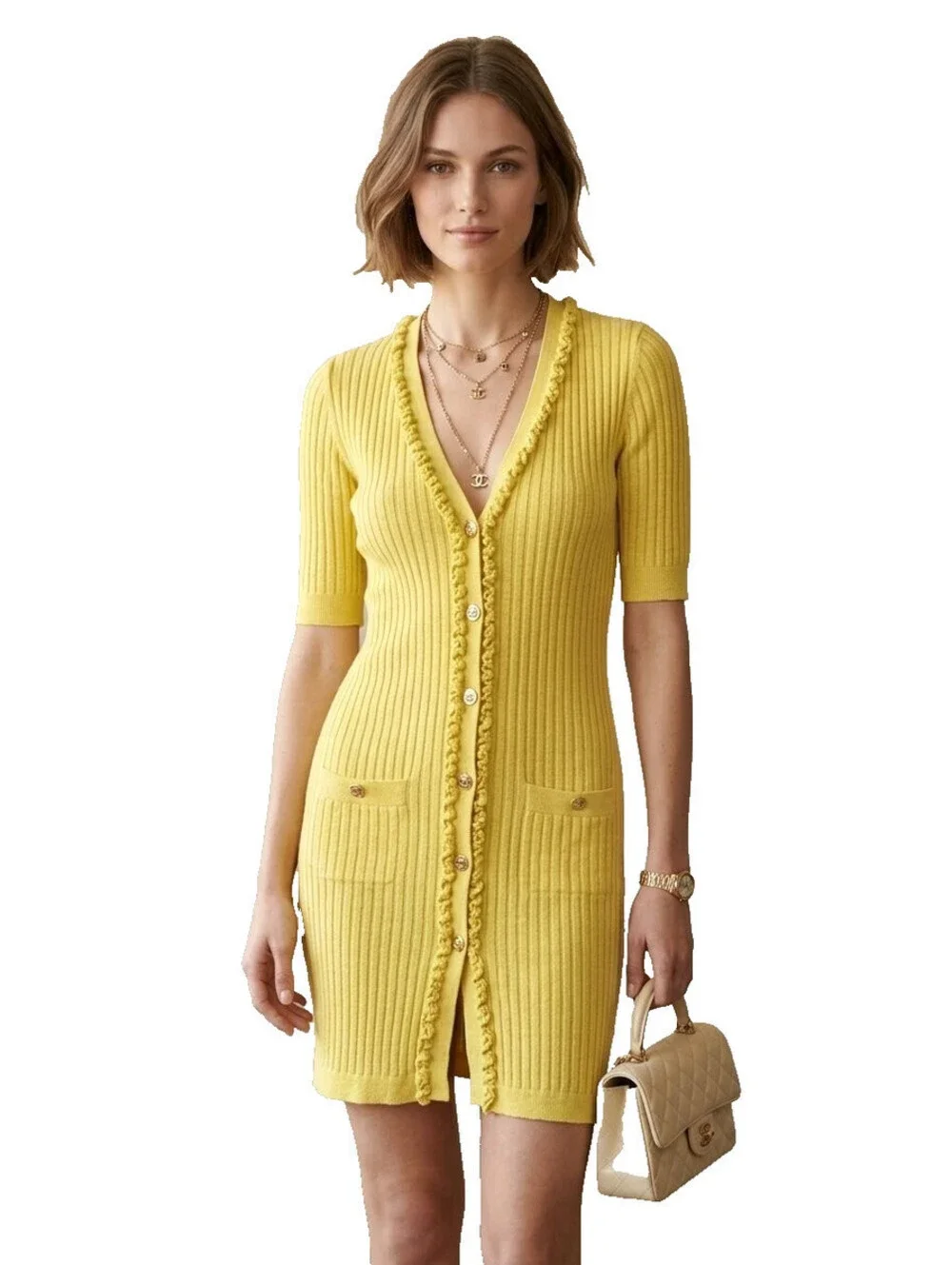 Vintage Chanel 09P Yellow Ribbed Knit Cardigan Sweater Dress FR-34 Button Ruffle